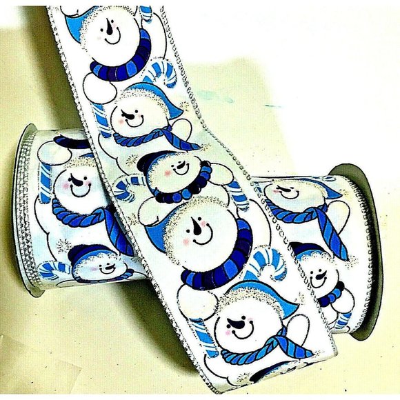 Christmas Snowman Wired Ribbon 2.5" X 10 Yard White Blue Metallic Silver 2 Spool - Picture 1 of 3